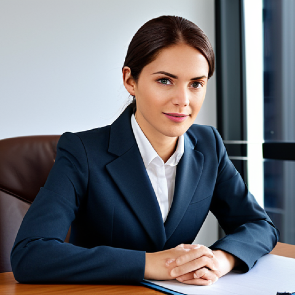 ** A professional businesswoman in a modest business suit, sitting at a desk in a modern office, fully clothed, appropriate attire, safe for work, perfect anatomy, natural proportions, professional photography, high quality.

**