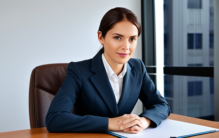 ** A professional businesswoman in a modest business suit, sitting at a desk in a modern office, fully clothed, appropriate attire, safe for work, perfect anatomy, natural proportions, professional photography, high quality.

**