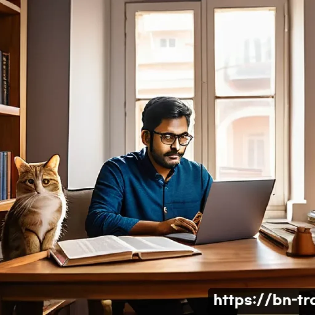 번역사 경력 전환을 위한 성공 사례 - A professional Bengali translator at work in a cozy home office setting, surrounded by books on lang...