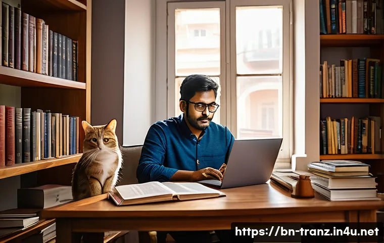 번역사 경력 전환을 위한 성공 사례 - A professional Bengali translator at work in a cozy home office setting, surrounded by books on lang...
