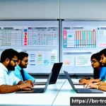 번역 프로젝트 관리 방법 - A professional project management office scene focused on a diverse team of Bengali translators and ...