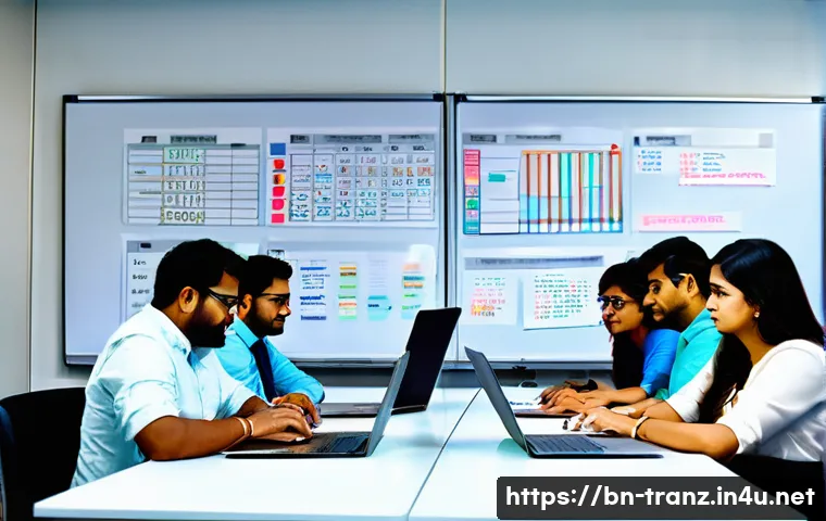 번역 프로젝트 관리 방법 - A professional project management office scene focused on a diverse team of Bengali translators and ...