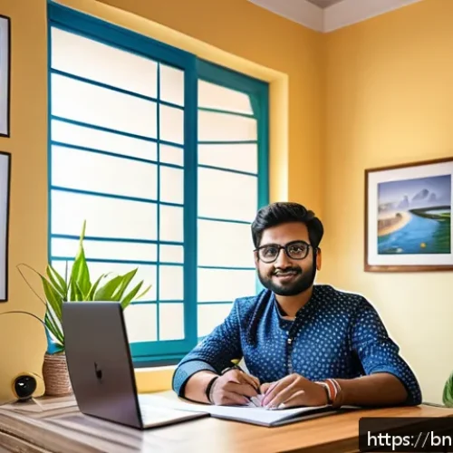 번역사의 마케팅 전략 - A professional Bengali translator at a modern home office desk, surrounded by dual computer monitors...