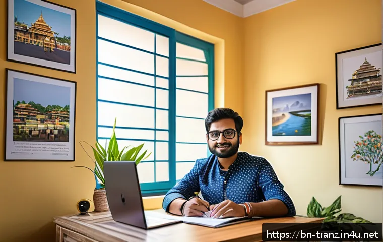 번역사의 마케팅 전략 - A professional Bengali translator at a modern home office desk, surrounded by dual computer monitors...