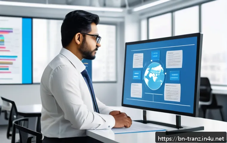번역사가 알아야 할 인공지능 번역 기술 - A modern office setting where a professional Bengali translator is using advanced AI translation sof...